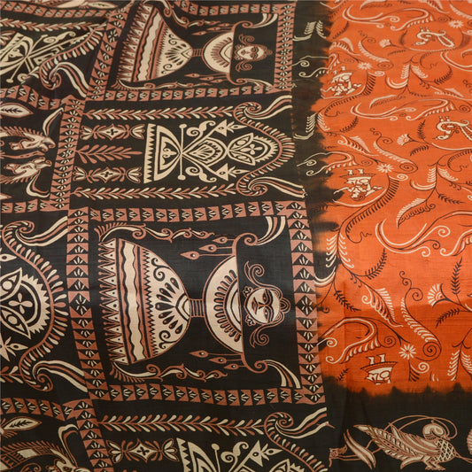 Sanskriti Vintage Orange Sarees Women Peacock Print Pure Silk Sari Craft Sustainable Fabric